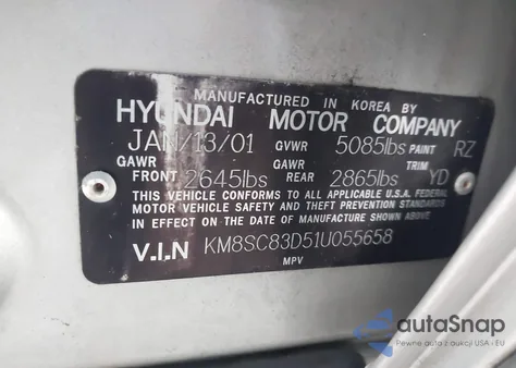 2001 Hyundai Santa Fe 2.7L V6 Gls/2.7L V6 Lx z USA, uszkodzony, nr VIN KM8SC83D51U055658